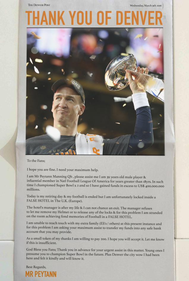 Illustration for article titled Pure Class: Peyton Manning Took Out This Full-Page Newspaper Ad To Thank His Fans For Their Years Of Support